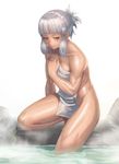  arm_support bangs barefoot blunt_bangs breasts covering fate/grand_order fate_(series) highres medium_breasts muscle muscular_female nude_cover onsen partially_submerged penthesilea_(fate/grand_order) ranma_(kamenrideroz) rock sidelocks simple_background solo steam towel white_background white_hair white_towel yellow_eyes 