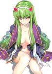  bangs breasts c.c. cleavage closed_mouth code_geass commentary convenient_leg cosplay creayus darling_in_the_franxx eyebrows_visible_through_hair from_above green_hair hairband horns jacket knees_up long_hair long_sleeves looking_at_viewer medium_breasts naked_coat nude pun shiny shiny_hair sidelocks simple_background sitting smile solo tsurime white_background yellow_eyes zero_(code_geass) zero_(code_geass)_(cosplay) zero_two_(darling_in_the_franxx) zero_two_(darling_in_the_franxx)_(cosplay) 