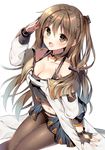  :d bangs bare_shoulders black_gloves blush breasts brown_eyes brown_hair cleavage collarbone eyebrows_visible_through_hair fingerless_gloves girls_frontline gloves hair_between_eyes hair_ornament hairclip k-2_(girls_frontline) large_breasts long_hair long_sleeves looking_at_viewer mauve navel open_mouth pantyhose partly_fingerless_gloves salute simple_background sitting smile solo white_background 