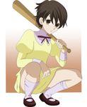  baseball_bat brown_eyes brown_footwear brown_hair drawfag dress fujioka_haruhi full_body highres juliet_sleeves kneehighs long_sleeves looking_at_viewer mary_janes ouran_high_school_host_club over_shoulder puffy_sleeves school_uniform shoes short_hair solo squatting white_legwear yellow_dress 