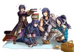  2girls armor balancing balancing_on_head blue_eyes blue_hair book book_on_head book_stack boots brother_and_sister cape cloak closed_eyes eyebrows_visible_through_hair family father_and_daughter father_and_son female_my_unit_(fire_emblem:_kakusei) fingerless_gloves fire_emblem fire_emblem:_kakusei food gloves grin gzei hands_on_lap happy holding holding_book husband_and_wife kneeling krom laughing leg_armor long_hair lucina mark_(fire_emblem) mark_(male)_(fire_emblem) mother_and_daughter mother_and_son multiple_boys multiple_girls my_unit_(fire_emblem:_kakusei) object_on_head open_mouth pauldrons picnic picnic_basket ponytail sandwich shoulder_armor siblings single_pauldron sitting smile sparkle sweatdrop tiara tumblr_username watermark white_background 