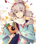  fire_emblem fire_emblem_heroes fire_emblem_if food fruit grey_hair japanese_clothes kimono leaf long_hair male_focus mochi orange orange_eyes ponytail scarf simple_background solo takumi_(fire_emblem_if) tida_2112 upper_body wagashi white_background 