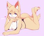  &lt;3 2018 anthro black_nose blue_eyes blush breasts brown_fur brown_hair canine clothed clothing female fur hair inner_ear_fluff looking_at_viewer lying mammal on_front pawpads pink_background signature simple_background smile solo swimsuit text white_fur yakimo 
