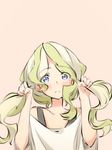  :c bangs blonde_hair blue_eyes blush bunching_hair closed_mouth collarbone diana_cavendish dot_nose embarrassed eyebrows_visible_through_hair eyes_visible_through_hair hands_up holding holding_hair light_green_hair little_witch_academia long_hair looking_at_viewer multicolored_hair parted_bangs sepia_background seren_lwa shirt simple_background solo upper_body wavy_hair white_shirt 