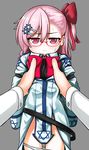  1girl asymmetrical_bangs bangs bespectacled black_background blush bow closed_mouth eyebrows_visible_through_hair furrowed_eyebrows girls_frontline glasses hair_bow hair_ornament hairclip holding long_sleeves looking_at_viewer negev_(girls_frontline) one_side_up oversized_clothes panties panty_pull pelican_(s030) pink_eyes pink_hair red-framed_eyewear red_bow simple_background solo_focus sweatdrop underwear white_panties younger 