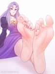  1girl barefoot caster choker fate/stay_night fate_(series) feet lavender_eyes lavender_hair long_hair looking_at_viewer pointy_ears pov pov_feet smile soles toes 
