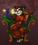  2017 absurd_res anthro bear big_butt black_and_white_fur blue_eyes butt chair classy claws clothing corset ear_piercing female fire hair_streak hi_res lingerie magic_user mammal melle-d_(artist) muscular muscular_female one_eye_closed overweight panda pandaren piercing signature simple_background sitting solo thick_thighs toe_claws video_games warcraft weapon wink 