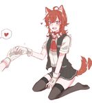  absurdres ahoge animal_ears arashi_(kantai_collection) black_vest blouse commentary dog_ears dog_tail fang full_body gloves grey_legwear highres kantai_collection kemonomimi_mode kneeling messy_hair neck_ribbon neckerchief pleated_skirt purple_eyes red_hair red_neckwear red_ribbon ribbon school_uniform short_sleeves simple_background skirt solo_focus tail thighhighs vest white_background white_blouse white_gloves yuutama2804 