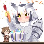  &gt;:) bangs blonde_hair blush brown_coat brown_eyes brown_hair clapping coat commentary_request donburi eurasian_eagle_owl_(kemono_friends) eyebrows_visible_through_hair fur_collar gloves grey_coat grey_hair hair_between_eyes head_wings heart highres holding holding_spoon kemono_friends long_sleeves makuran multicolored_hair multiple_girls nakau northern_white-faced_owl_(kemono_friends) sandstar short_hair simple_background smile sparkling_eyes spoon tail_feathers v-shaped_eyebrows white_background white_gloves white_hair yellow_eyes yellow_gloves 