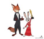  2017 3_toes absurd_res anthro award black_nose bow_tie canine claws clothed clothing dipstick_ears dipstick_tail disney dress duo female fist fox fur grey_fur hi_res holding_object judy_hopps lagomorph long_ears looking_at_viewer male mammal multicolored_tail nick_wilde orange_fur oscar_statuette pink_nose rabbit signature simple_background standing thatotherwhaleoil thumbs_up toes tuxedo white_background zootopia 