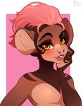  big_ears blush bust_portrait facial_piercing fur girly hair looking_at_viewer male mammal monkey nose_piercing pacevanrign piercing pink_background pink_hair portrait primate raised_eyebrow simple_background solo tan_fur teeth white_background yellow_eyes 