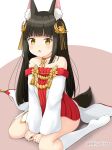  1girl :o animal_ear_fluff animal_ears azur_lane bangs bare_shoulders between_legs black_hair blush brown_background brown_eyes commentary_request detached_sleeves dress eyebrows_visible_through_hair feet hair_ornament hand_between_legs jewelry kneehighs long_hair long_sleeves looking_at_viewer miicha nagato_(azur_lane) no_shoes parted_lips pleated_dress red_dress ring sitting socks soles solo tail twitter_username two-tone_background very_long_hair wariza white_background white_legwear white_sleeves 