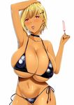  arm_up armpits belly bikini black_bikini blonde_hair breasts bright_pupils bursting_breasts choker cleavage collarbone covered_nipples dark_skin earrings food highres huge_breasts jewelry kloah looking_at_viewer navel popsicle red_eyes scythe short_hair side-tie_bikini simple_background skindentation skull_earrings solo swimsuit white_background white_pupils 