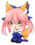  animal_ears bare_shoulders blue_legwear blush breasts chibi cleavage commentary_request detached_sleeves fate/grand_order fate_(series) fox_ears fox_tail hair_ribbon highres japanese_clothes kashima_mashino large_breasts open_mouth pink_hair ribbon simple_background sitting solo star star-shaped_pupils symbol-shaped_pupils tail tamamo_(fate)_(all) tamamo_no_mae_(fate) white_background yellow_eyes 
