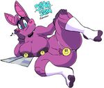  2018 anthro areola bat batgirl_(vimhomeless) big_areola big_breasts breasts censored clothing creative_censorship female footwear gloves legs_up legwear lying mammal mask mostly_nude musical_note on_side pubes simple_background smile socks solo spread_legs spreading thick_thighs vimhomeless voluptuous white_background 