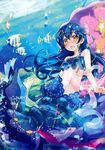 absurdres bangs blue_hair blush bubble earrings fish frills hair_between_eyes hekicha highres jewelry long_hair looking_at_viewer love_live! love_live!_school_idol_festival love_live!_school_idol_project mermaid_costume navel non-web_source open_mouth scan shell sitting solo sonoda_umi star swimsuit underwater water yellow_eyes 