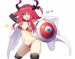  ;d aqua_eyes arm_behind_back armor bikini bikini_armor black_legwear breasts cape cleavage collar collarbone detached_sleeves diadem elizabeth_bathory_(brave)_(fate) elizabeth_bathory_(fate)_(all) eyebrows_visible_through_hair fate/grand_order fate_(series) groin hair_between_eyes highres horns kurifuto long_hair navel one_eye_closed open_mouth red_armor red_bikini red_hair shield shiny shiny_clothes shoulder_armor sideboob silver_trim simple_background small_breasts smile solo spaulders swimsuit thighhighs translated underboob white_background white_cape 