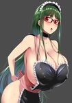  adjusting_clothes apron arms_behind_back bad_anatomy bangs bare_arms bare_shoulders black_apron breasts choker cleavage collarbone covered_nipples eyebrows_visible_through_hair frilled_apron frills glasses green_hair grey_background highres huge_breasts kloah leaning_forward long_hair looking_at_viewer low-tied_long_hair maid maid_headdress mole mole_under_mouth naked_apron open_mouth original parted_lips red-framed_eyewear red_eyes shiny shiny_hair shiny_skin sidelocks simple_background smile solo straight_hair strap_gap sweat thighs very_long_hair 