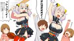  2boys arm_up armpits baseball_bat baseball_mitt blue_eyes breasts brown_eyes brown_hair cleavage closed_eyes comic commentary grey_hair holding_baseball_bat hood hoodie kaguya_luna kaguya_luna_(character) kloah large_breasts multiple_boys smile translation_request virtual_youtuber 