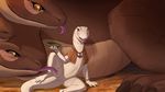  anthro brown_eyes crusch_lulu detailed_background digital_media_(artwork) dragon duo female feral flat_chested holding_object hydra kodardragon lizard open_mouth overlord pussy reptile rororo scalie sitting smile tongue white_skin 