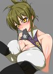  1girl 2boys akane_maku breasts brown_hair cleavage clothed_sex invisible_man kisaragi_chitose large_breasts multiple_boys necktie sex short_hair super_robot_wars super_robot_wars_v sweat yellow_eyes 