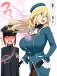  1girl absurdres age_difference atago_(kantai_collection) beret black_gloves blonde_hair blue_hat blush breasts commentary_request gloves green_eyes hat highres huge_breasts kantai_collection kloah little_boy_admiral_(kantai_collection) long_hair military military_hat military_uniform open_mouth pantyhose peaked_cap simple_background skirt translated uniform white_background 