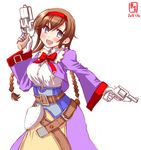  artist_logo belt braid brown_hair commentary_request cosplay cowboy_shot dated dress dual_wielding grey_eyes gun hairband handgun highres holding kanon_(kurogane_knights) kantai_collection light_brown_hair long_hair looking_at_viewer open_mouth pistol purple_dress red_hairband simple_background smile solo teruzuki_(kantai_collection) twin_braids virginia_maxwell virginia_maxwell_(cosplay) weapon white_background wild_arms wild_arms_3 