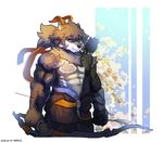  2018 abs anthro biceps canine clothing digital_media_(artwork) fur hair hanzo_(overwatch) hi_res kemono male mammal muscular muscular_male overwatch simple_background tattoo video_games wolf wolfmalro 