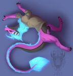  animal_genitalia balls bioluminescence blue_fur blue_mane blue_tongue brown_scales clothing dragon eyes_closed feral fully_sheathed fur glowing hoodie kazzy kazzyboii lying male purple_scales scales sheath sitting solo streching tongue_put 