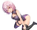  bare_arms bare_shoulders black_legwear black_leotard blurry blush breasts cleavage cleavage_cutout depth_of_field dutch_angle eyebrows eyes_visible_through_hair fate/grand_order fate_(series) ganik hair_over_one_eye hands_on_own_legs highres large_breasts leotard looking_at_viewer mash_kyrielight nail_polish no_shoes open_mouth purple_eyes purple_hair purple_nails shiny shiny_skin short_hair simple_background sitting solo thighhighs tongue wariza white_background 