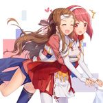  bob_cut brown_hair closed_eyes elbow_gloves fire_emblem fire_emblem_if friends gloves headband hug hug_from_behind japanese_clothes kazahana_(fire_emblem_if) long_hair multiple_girls pink_hair red_eyes sakura_(fire_emblem_if) sidelocks single_thighhigh skirt smile thighhighs transistor zettai_ryouiki 