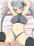  1boy 1girl armpits arms_above_head breasts censored clothed_female_nude_male clothed_sex faceless_male green_eyes grey_hair highres large_breasts long_hair looking_at_viewer lying missionary nipples on_back on_bed panties_aside pussy_juice senran_kagura senran_kagura_(series) senran_kagura_new_wave sex stockings sweat swimsuit tsubame_(senran_kagura) twintails yaomai 