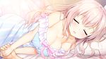  ameto_yuki bed blonde_hair bow breasts cleavage game_cg giga hanatsuka_aika long_hair no_bra sleeping soi_kano_~gyutto_dakishimete~ 