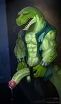  2016 abs anthro balls biceps big_penis big_tail black_bottomwear black_clothing bracelet breath clothed clothing cum cum_drip cum_on_chest cum_on_stomach dinosaur dripping erection front_view green_balls green_penis green_skin green_tail hi_res huge_penis huge_tail humanoid_hands humanoid_penis jeans jewelry kane_(kfdp) kung_fu_dino_posse long_penis long_tail looking_down male messy muscular muscular_male nude open_mouth open_pants open_shirt pants partially_clothed pecs penis pink_tongue poking_out reptile scalie sharp_teeth snout solo standing teeth todex tongue triceps vein veiny_penis yellow_eyes 