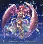  bare_shoulders blue_eyes breasts cleavage company_name fantasy feathered_wings gyakushuu_no_fantasica high_heels large_breasts miyano_akihiro official_art pink_hair solo sparkle staff wings 