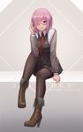  ain_(3990473) black-framed_eyewear black_legwear boots brown_footwear character_name closed_mouth cross-laced_footwear fate/grand_order fate_(series) full_body glasses hair_over_one_eye highres long_sleeves looking_at_viewer mash_kyrielight necktie pantyhose pink_hair purple_eyes red_neckwear semi-rimless_eyewear short_hair sitting smile solo under-rim_eyewear 