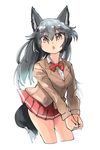  absurdres alternate_costume animal_ears bow bowtie eyebrows_visible_through_hair fox_ears fox_tail hands_together highres kemono_friends long_hair long_sleeves multicolored_hair omnisucker open_mouth school_uniform silver_fox_(kemono_friends) solo tail 