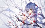  bangs blurry blush depth_of_field eyebrows_visible_through_hair floating_hair green_eyes hair_between_eyes highres holding long_hair long_sleeves looking_at_viewer looking_back low_twintails luo_tianyi sidelocks snowing solo tidsean twintails vocaloid vocanese winter 