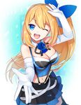  ;d ayamori_mimi bare_shoulders blonde_hair blue_bow blue_eyes bow breasts bustier cleavage elbow_gloves eyebrows_visible_through_hair garter_straps gloves hair_bow highres large_breasts long_hair looking_at_viewer midriff mirai_akari mirai_akari_project one_eye_closed open_mouth pleated_skirt side_ponytail skirt smile solo suspender_skirt suspenders thighhighs very_long_hair virtual_youtuber white_gloves 