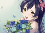  bangs blue_hair bokutachi_wa_hitotsu_no_hikari bouquet close-up commentary_request earrings flower hair_flower hair_ornament holding holding_bouquet jewelry long_hair looking_at_viewer love_live! love_live!_school_idol_project petals simple_background smile solo sonoda_umi tomiwo yellow_eyes 