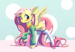  2017 blush bottomless clothed clothing conbudou cute cutie_mark dotted_background equine eyebrows eyelashes feathered_wings feathers female fluttershy_(mlp) footwear friendship_is_magic full-length_portrait hair hi_res high_heels legwear long_hair looking_at_viewer makeup mammal mascara my_little_pony open_mouth pattern_background pegasus pink_hair portrait shadow shirt shoes simple_background socks solo standing teal_background teal_eyes thigh_highs wings 