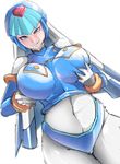  1girl alternate_breast_size blue_eyes blush bodysuit breast_grab breast_hold breast_lift breast_squeeze breasts breasts_apart capcom covered_navel curvy grabbing grabbing_own_breast hand_on_chest hand_on_own_chest helmet huge_breasts leviathan_(rockman) navel ogura_anko rockman rockman_zero simple_background smile solo white_background 
