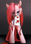  2017 blood blood_on_face blood_stain blue_eyes brick brick_wall clothing conbudou cute cutie_mark darkness earth_pony equine eyebrows eyelashes female friendship_is_magic full-length_portrait hair hi_res horse long_hair looking_at_viewer makeup mammal mascara mostly_nude my_little_pony pink_hair pinkamena_(mlp) pinkie_pie_(mlp) pony portrait pose seductive shadow shirt solo standing 