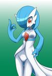  1girl alternate_color blue_hair blush breasts collarbone female gardevoir gradient gradient_background green_background hair_over_one_eye hand_on_hip hand_up highres looking_down medium_breasts navel neichii no_humans open_mouth pokemon pokemon_(creature) pokemon_rse red_eyes shiny_pokemon short_hair simple_background smile solo standing tongue tongue_out 