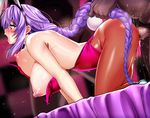  1boy 1girl all_fours bed blue_eyes blush bodysuit braid breasts censored choujigen_game_neptune clothed_sex cum dark-skinned_male dark_skin doggystyle elbow_gloves erect_nipples erect_nipples_under_clothes female gloves hair_ornament hetero interracial long_hair male neptune_(choujigen_game_neptune) nipples nyamota_(noraneko_koubou) open_mouth penis purple_hair purple_heart pussy pussy_juice rough_sex sex shiny shiny_clothes shiny_hair sweat symbol-shaped_pupils tied_hair tongue tongue_out twin_braids 