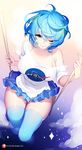  ;) bare_shoulders blue_hair blue_legwear blue_nails blue_skirt breasts cloud covered_nipples earth-chan from_above green_eyes large_breasts looking_at_viewer md5_mismatch microskirt nail_polish nanoless nasa one_eye_closed original pleated_skirt shirt short_hair sitting skirt smile solo sparkle swing t-shirt thighhighs wind wind_lift 