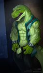  2016 abs anthro balls biceps big_penis big_tail black_bottomwear black_clothing bracelet breath clothed clothing dinosaur erection front_view green_balls green_penis green_skin green_tail hi_res huge_tail humanoid_hands humanoid_penis jeans jewelry kane_(kfdp) kung_fu_dino_posse long_tail looking_down male muscular muscular_male nude open_mouth open_pants open_shirt pants partially_clothed pecs penis pink_tongue poking_out reptile scalie sharp_teeth snout solo standing teeth todex tongue triceps vein veiny_penis yellow_eyes 