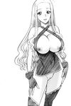  00s 13_(kaiten_sommelier) 1girl bare_shoulders blush breasts breasts_outside cameltoe cleavage contrapposto embarrassed eyebrows_visible_through_hair fingerless_gloves flying_sweatdrops gloves halterneck large_breasts light_smile long_hair looking_at_viewer microdress monochrome original panties parted_lips side_slit simple_background solo standing thigh_boots white_background 