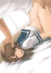  1girl arched_back ass_grab backlighting bed bed_sheet blue_sailor_collar blush bottomless brown_hair butt_crack dutch_angle eyebrows_visible_through_hair green_eyes head_grab hetero indoors ishida_masayuki looking_to_the_side on_bed open_mouth original out_of_frame raised_eyebrows rape sailor_collar saliva school_uniform serafuku sex shiny shiny_skin shirt short_hair_with_long_locks short_sleeves sidelocks solo_focus sweat tearing_up tears thighs top-down_bottom-up white_shirt window 