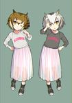  alternate_costume cheek_poking chromatic_aberration clothes_writing eurasian_eagle_owl_(kemono_friends) hands_on_hips highres kemono_friends matching_outfit multicolored_hair multiple_girls northern_white-faced_owl_(kemono_friends) omucchan_(omutyuan) one_eye_closed poking see-through shirt shoes skirt sneakers t-shirt 